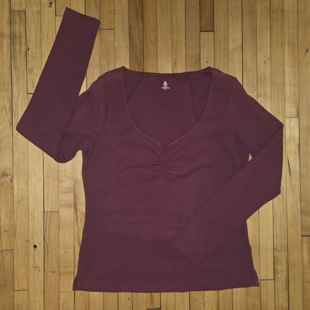 Able Ribbed Cotton Ruched V-Neck Long Sleeved Top